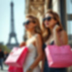 photo. of two very beautiful women in paris shopping with pink euro bags in their arms tha
