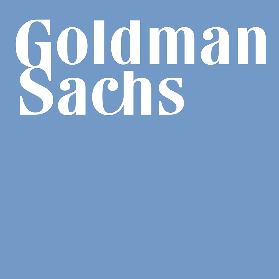 Goldman Sachs logo with bold white text on a solid blue background.