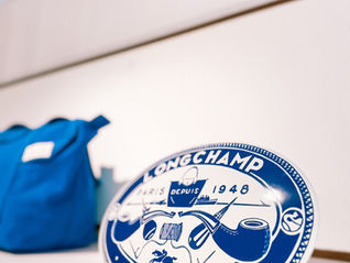 Longchamp collaboration with Constantin Riant with his signature cobalt-blue