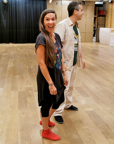 Rafael and Marion Lima demonstrate partner movements during a forró workshop in Paris.
