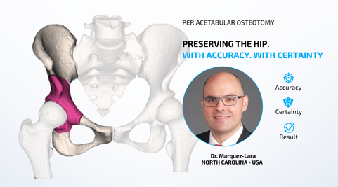 Illustration of a periacetabular osteotomy highlighting the acetabulum, with a visual of Dr. Alejandro Marquez-Lara