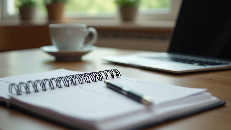 Eye level view of a workspace with a laptop, planner, and coffee