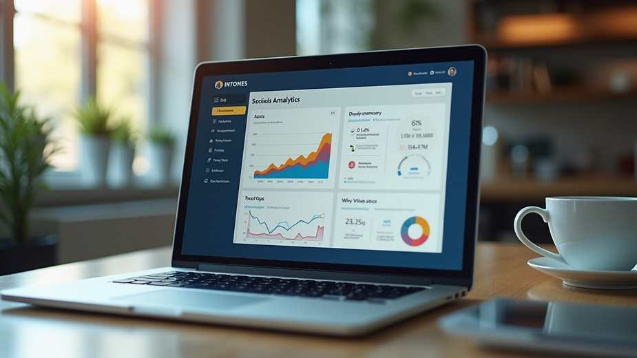 Eye-level view of a laptop displaying social media analytics dashboard