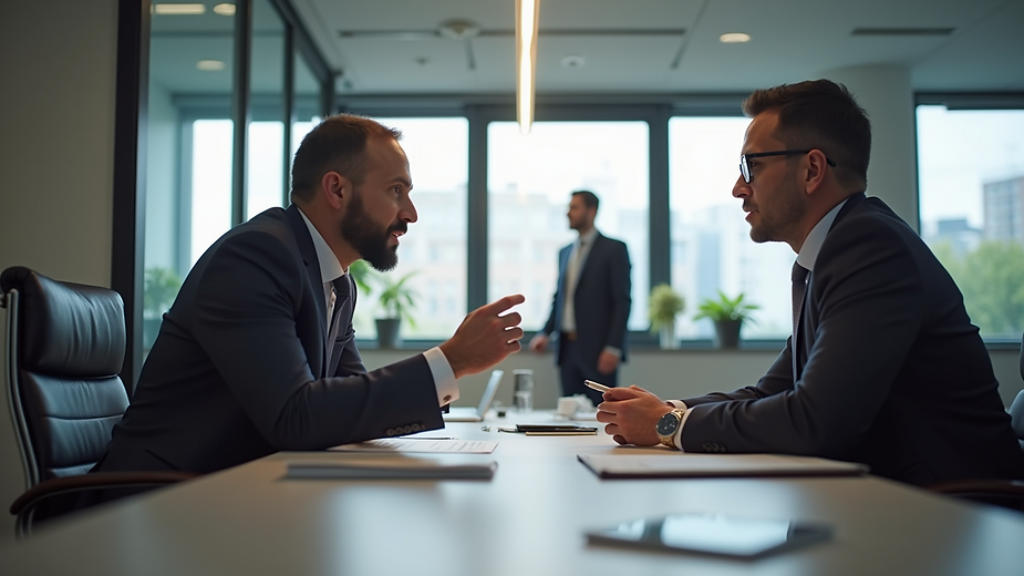 Eye-level view of a consultant discussing business strategy with a client in an office