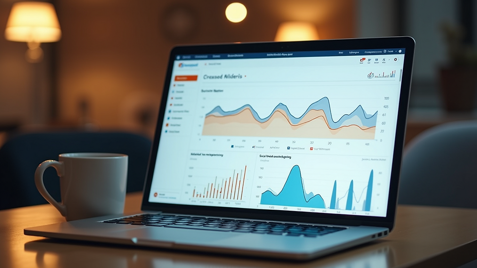 Eye-level view of a laptop displaying social media analytics dashboard