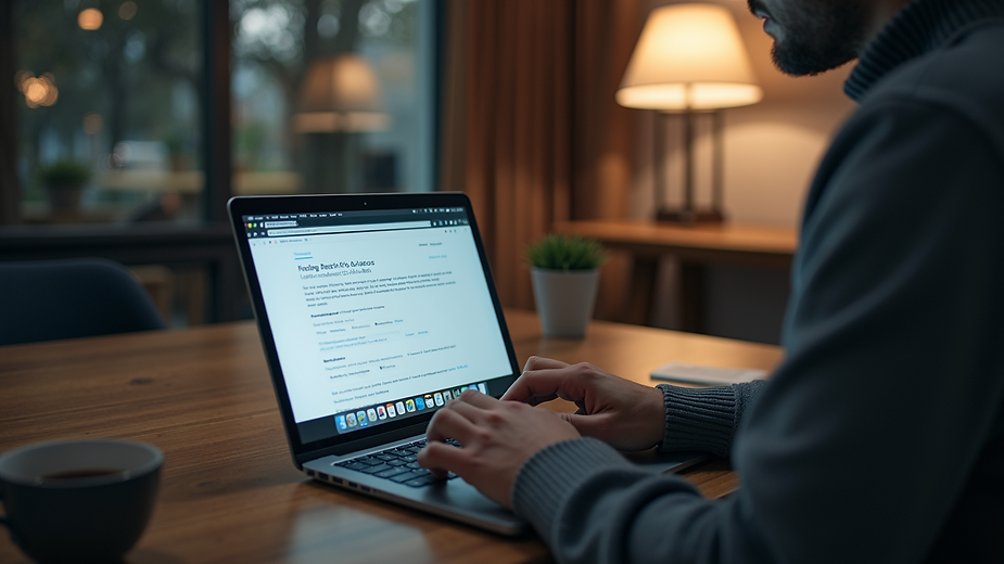 High angle view of a person using a laptop to research keywords
