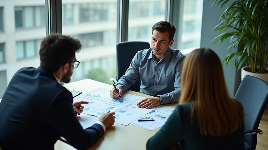 High angle view of a business meeting discussing analytics