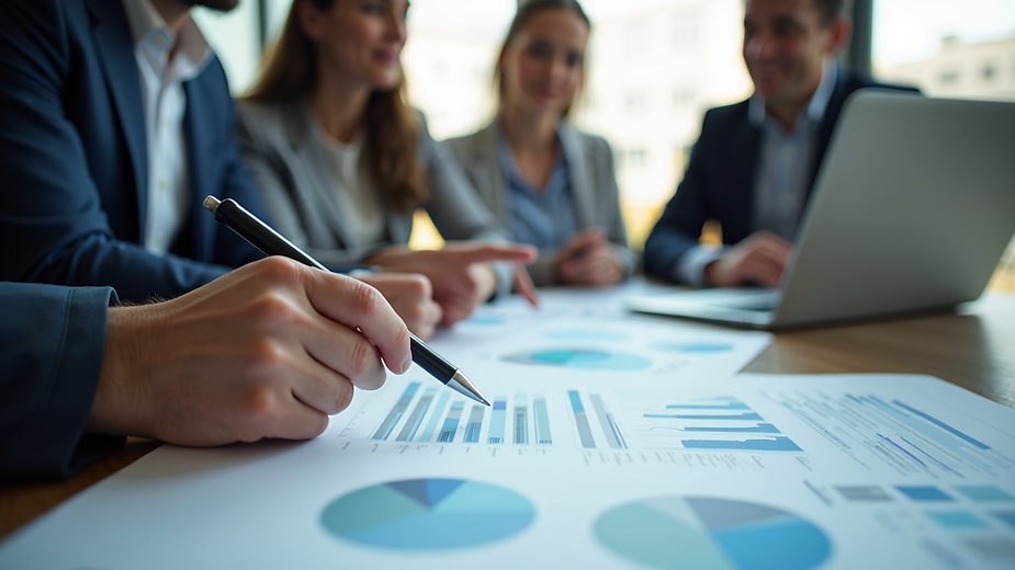 Close-up view of a business team brainstorming with charts and laptops
