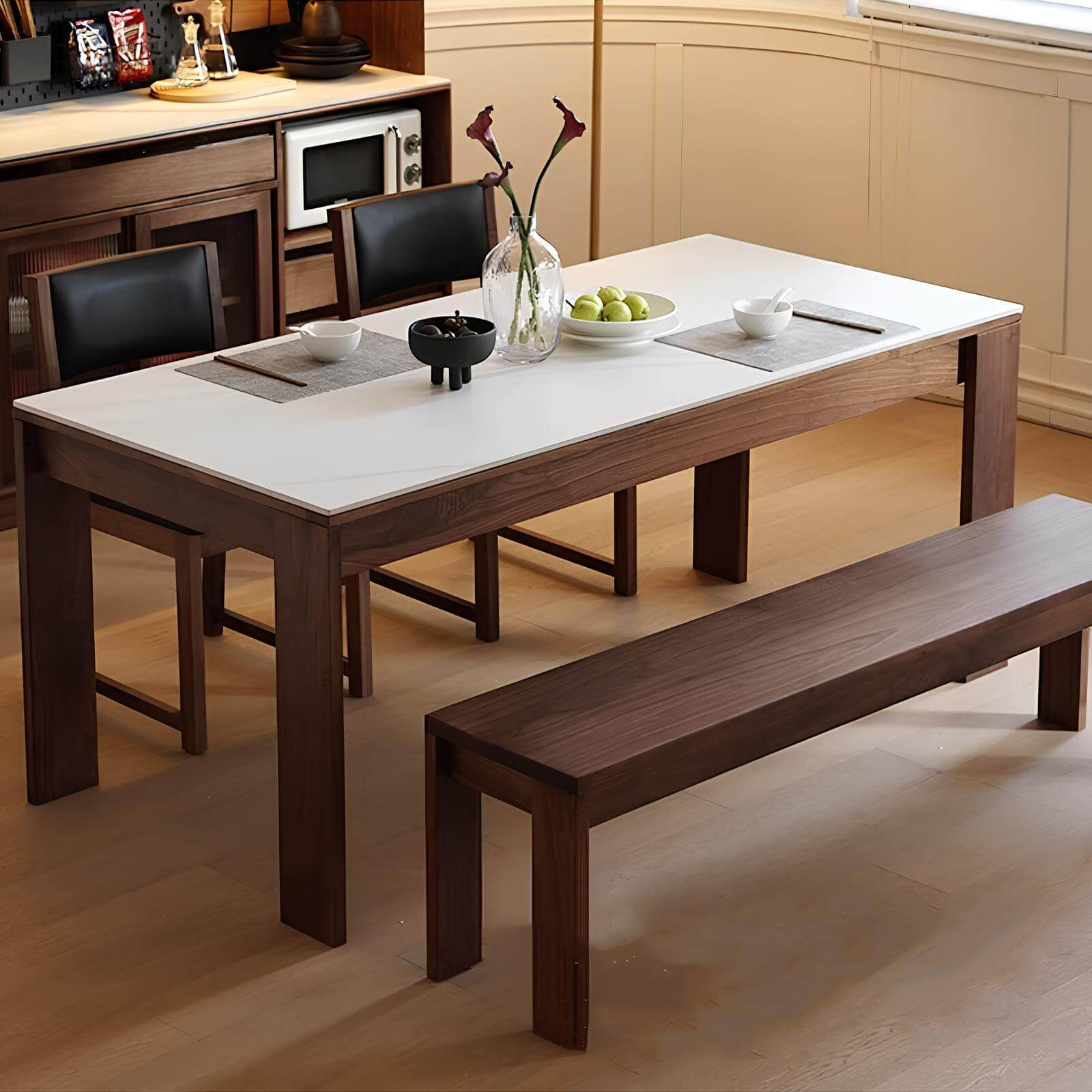 Rectangle Walnut Dining Table with Countertop in the Room