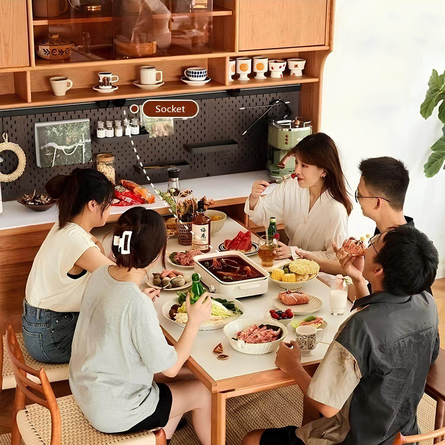 Having Dinner before Wood Cabinet