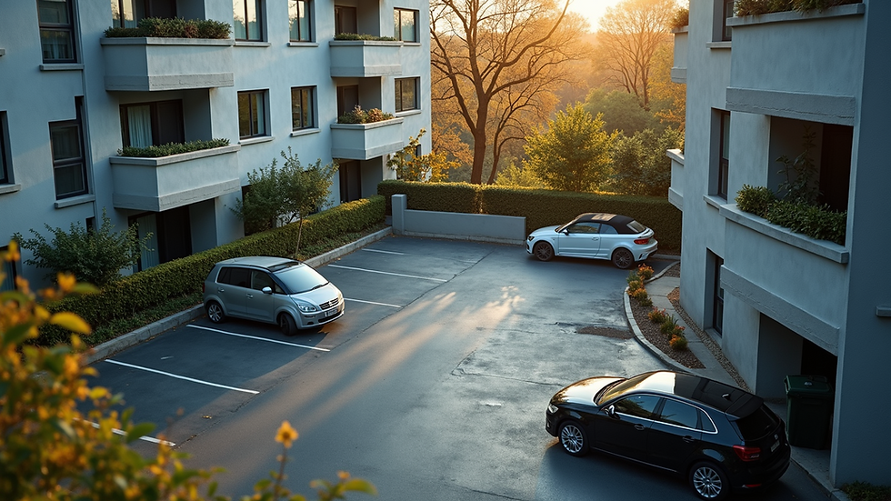 High angle view of a residential building with shared parking area