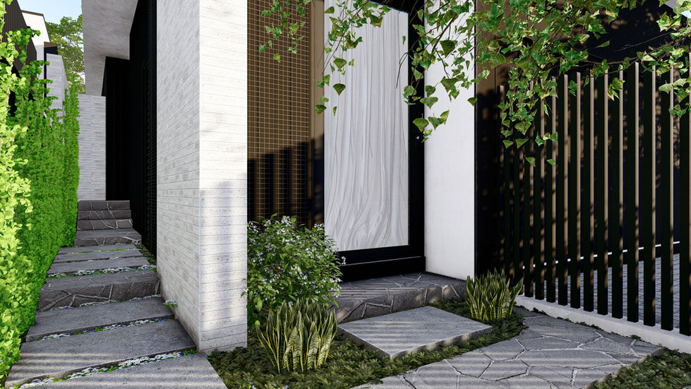 Manly 2 – Entry Steppers and Privacy Planting Elegant stone steppers lead through vertical garden walls toward the entry, fra