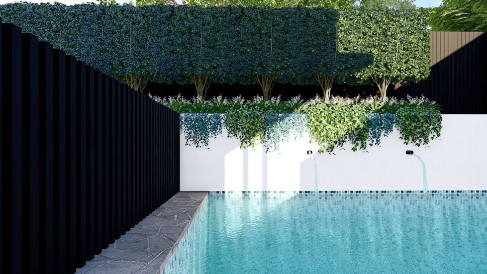 Manly 2 - Poolside Privacy with Textural Hedging This modern poolside view at Manly 2 highlights a sleek white retaining wall