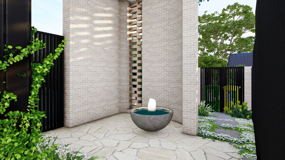 Manly 1 courtyard with sculptural fountain Manly 1’s private courtyard features a brick wall and a sculptural w