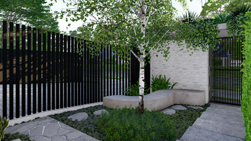 Manly 2 – Entry Seating Zone and Layered Planting Landscaped courtyard nook with custom bench seating under a birch tree, ver