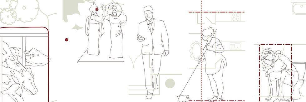 Bodies within segregated and divided space - cows in a field, drag queens at the outskirts and periphery, a businessman in the centre, a woman cleaning in the household, anxiety in the WC cubicle