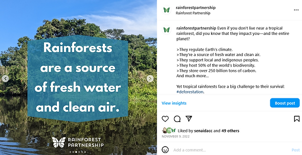 Rainforest Partnership social media gaphic of rainforest with water and blue shape overlay with text Rainforests are a source of fresh water and clean air