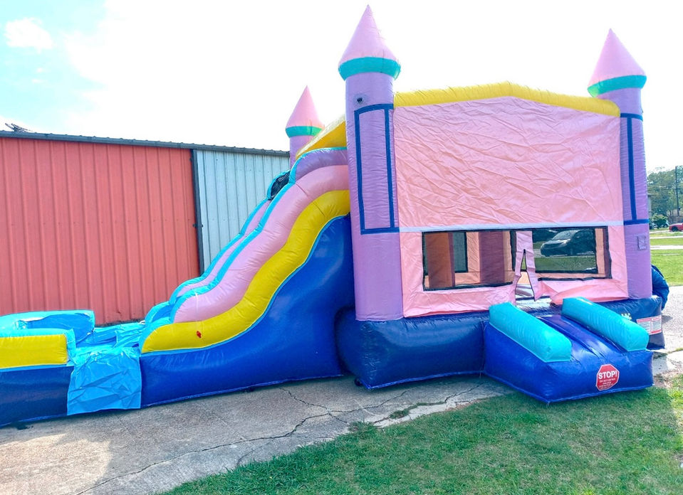 Pink princess bounce house combo with inflatable slide