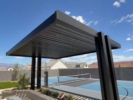 A modern style freestanding black open lattice awning