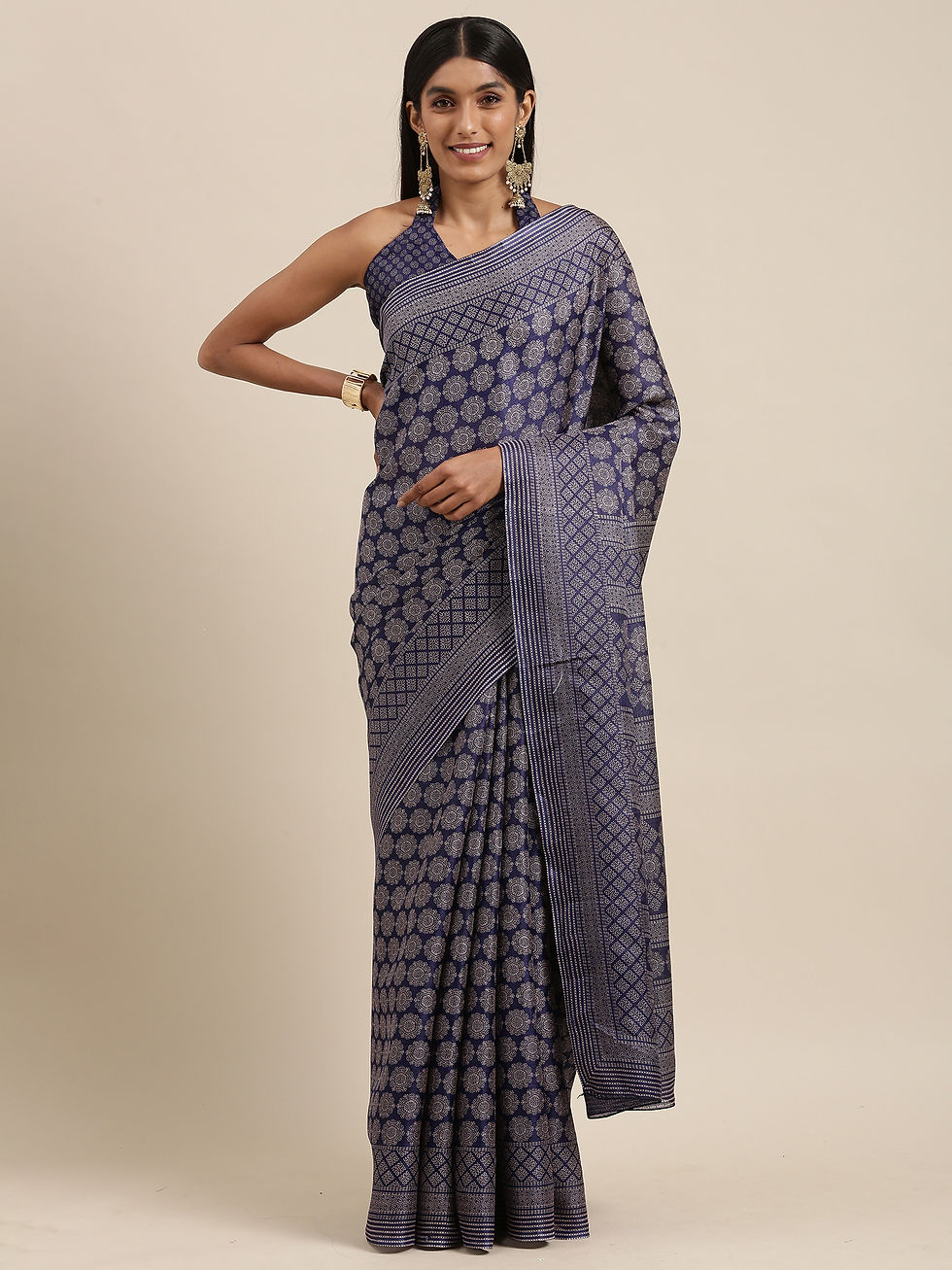 Women's Bhagalpuri Silk Navy Blue Printed Celebrity Saree With Blouse Piece
