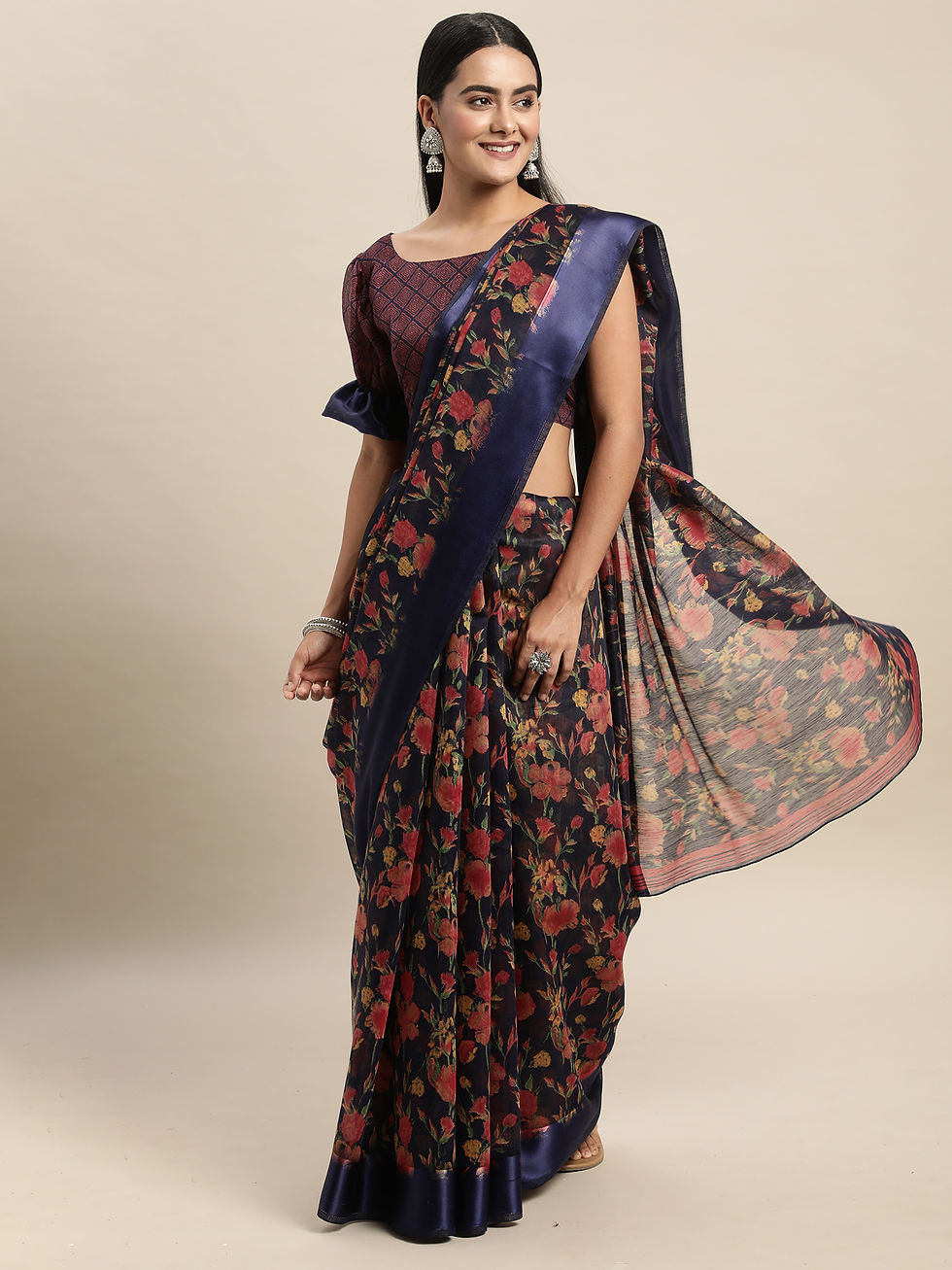 Women's Cotton Silk Navy Blue Printed Celebrity Saree With Blouse Piece