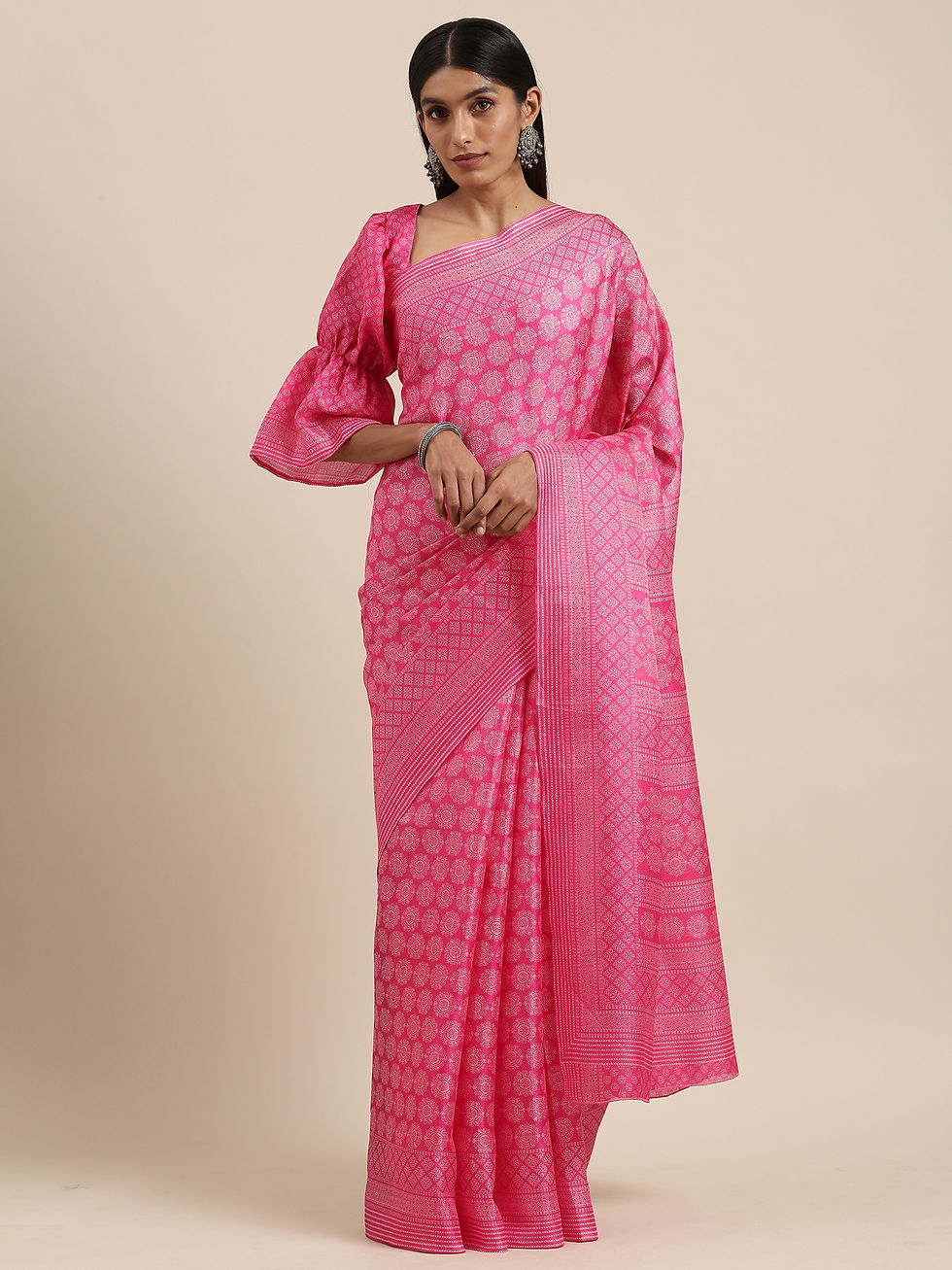 Women's Bhagalpuri Silk Pink Printed Celebrity Saree With Blouse Piece