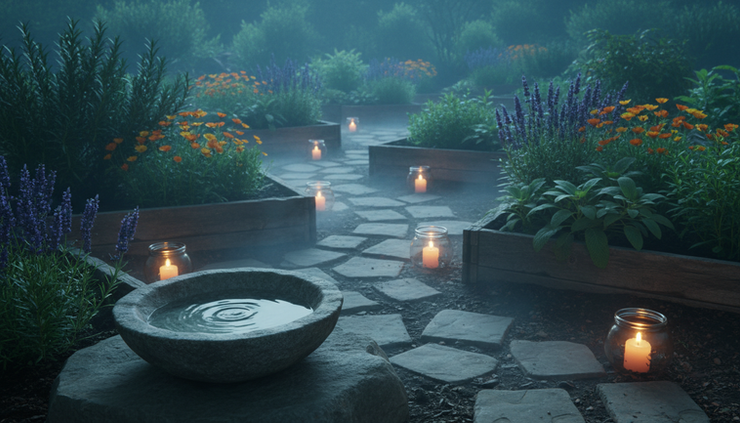 Wide-angle view of a moonlit herb garden with candles and stone pathways