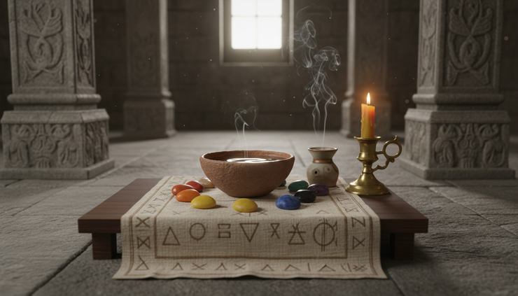 Eye-level view of a small ritual altar with incense a clay bowl and seven colored stones