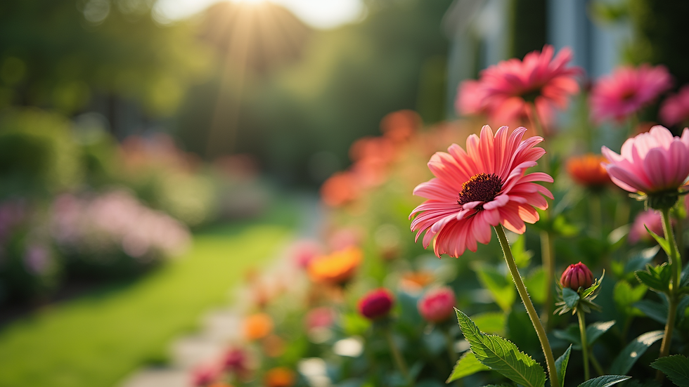 Wide angle view of a well-maintained garden with colorful flowers