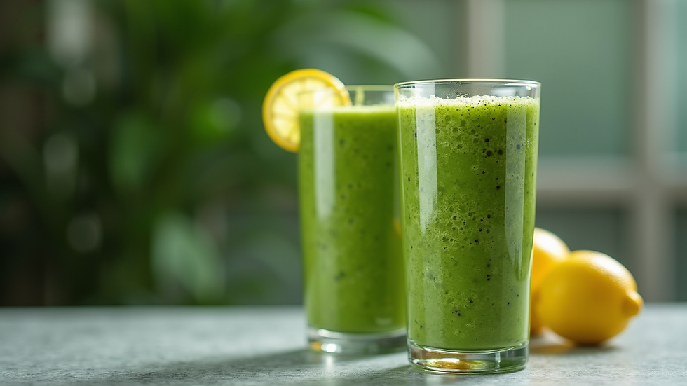 Close-up view of a green smoothie in a tall glass