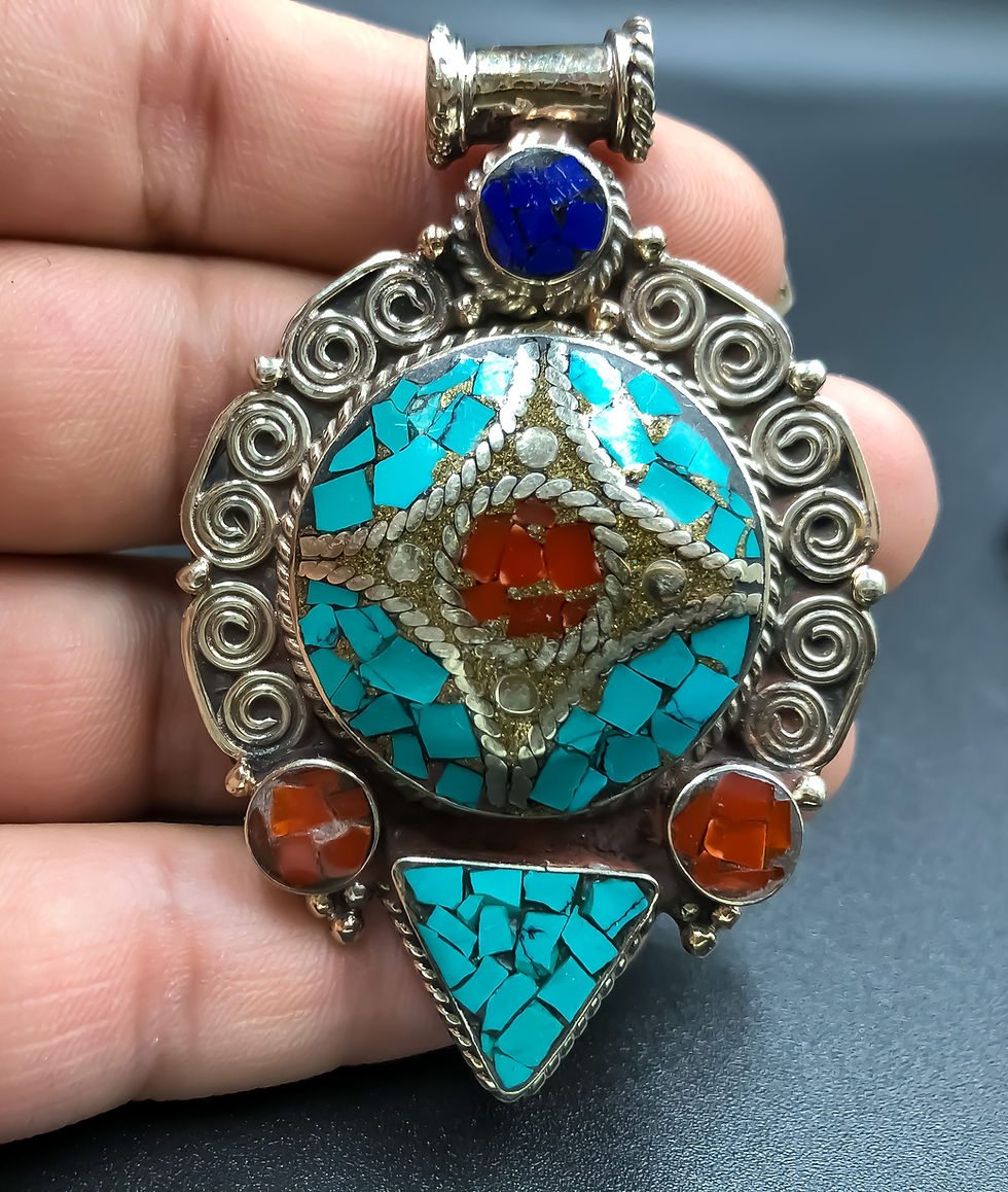 Thumbnail: Natural Turquoise /Coral Gemstone Nepali Silver Plated Pendant