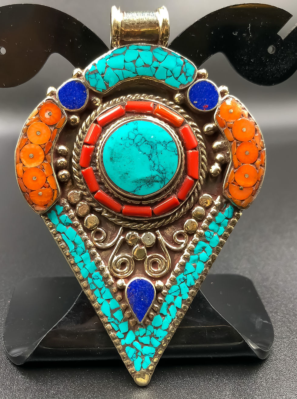 Natural Turquoise /Coral Gemstone Nepali Silver Plated Pendant