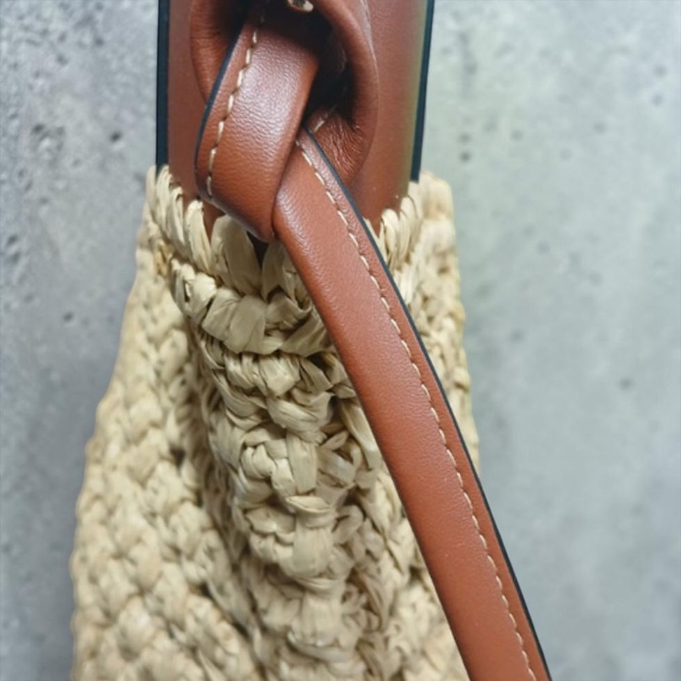 Miniatura: Borsa raffia vera pelle caramello