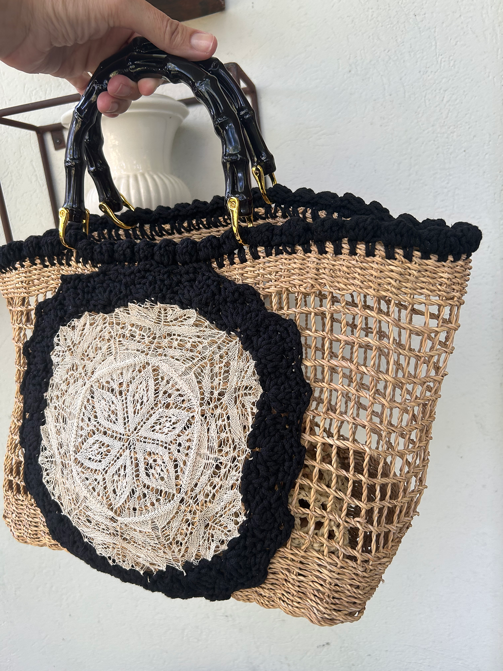 Miniatura: Borsa paglia uncinetto nero chic 