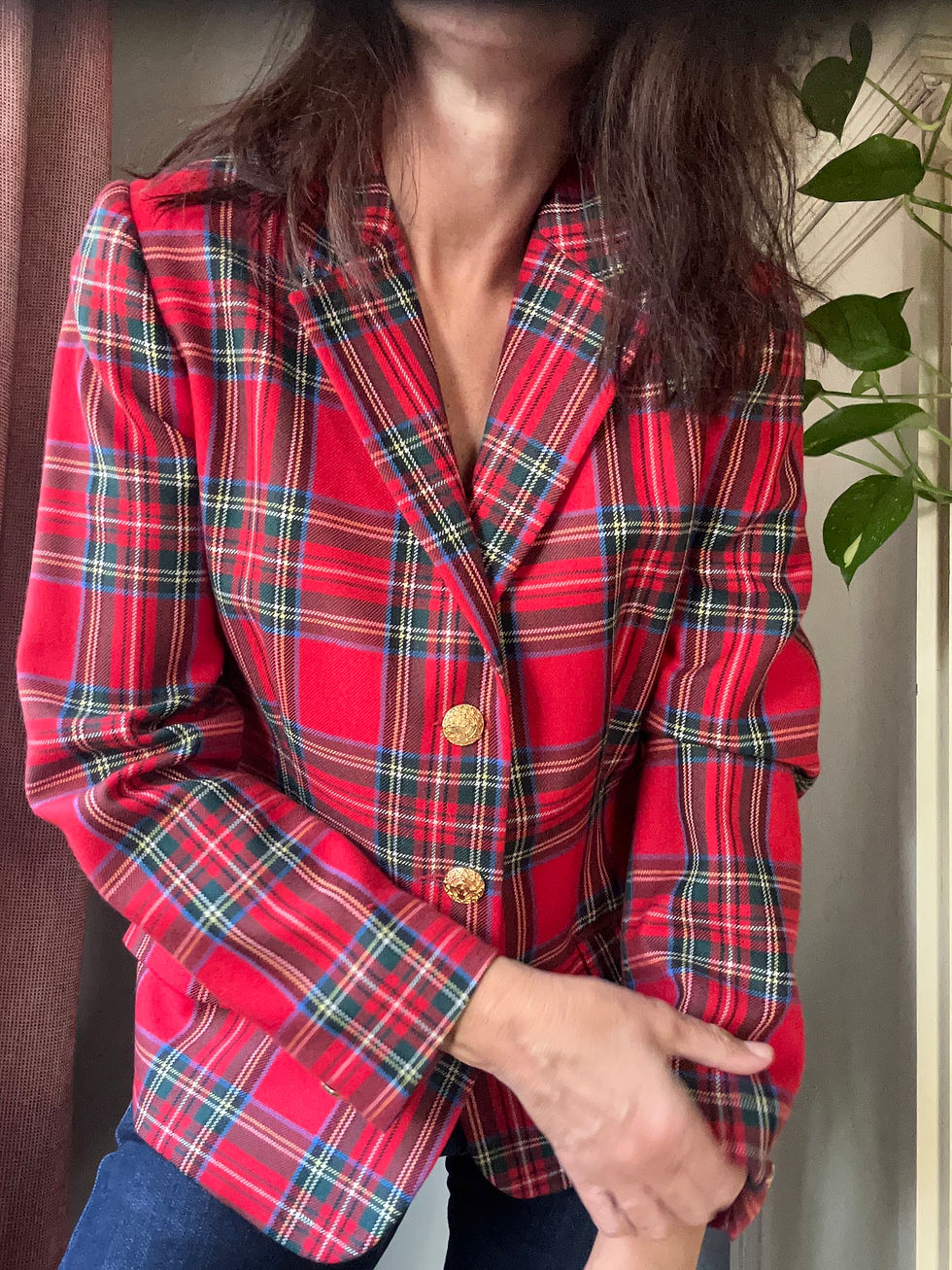 Miniatura: Giacca blazer tartan rosso bottoni dorati 