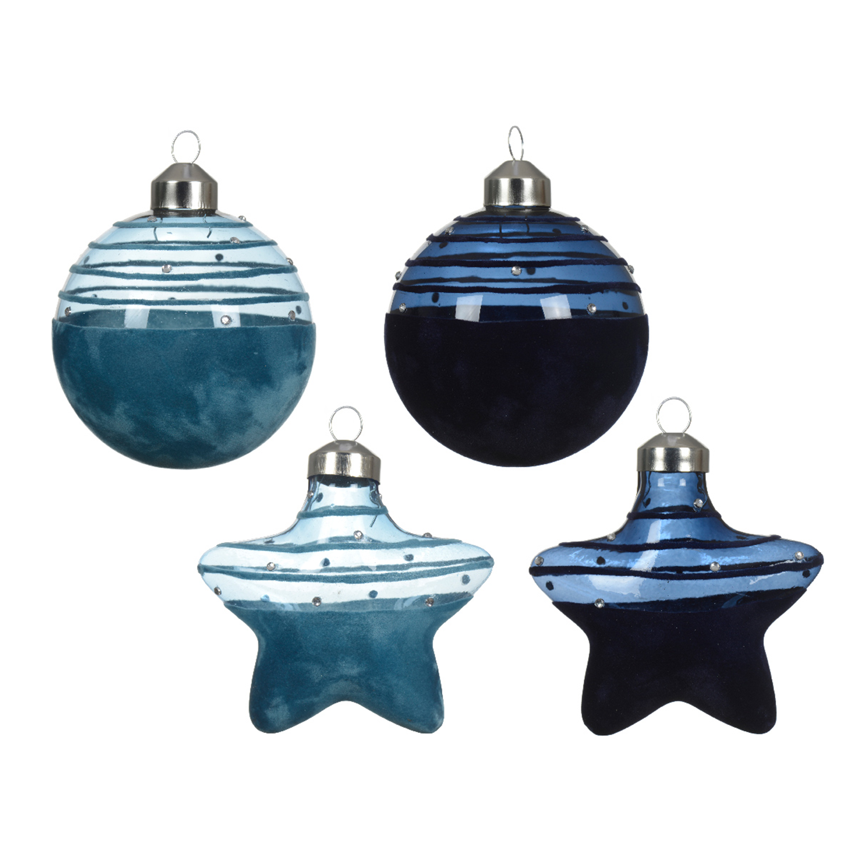 BOULE DE NOËL EN VERRE BLEU NUIT OU BLEU GLACE AVEC RAYURES - ∅8CM