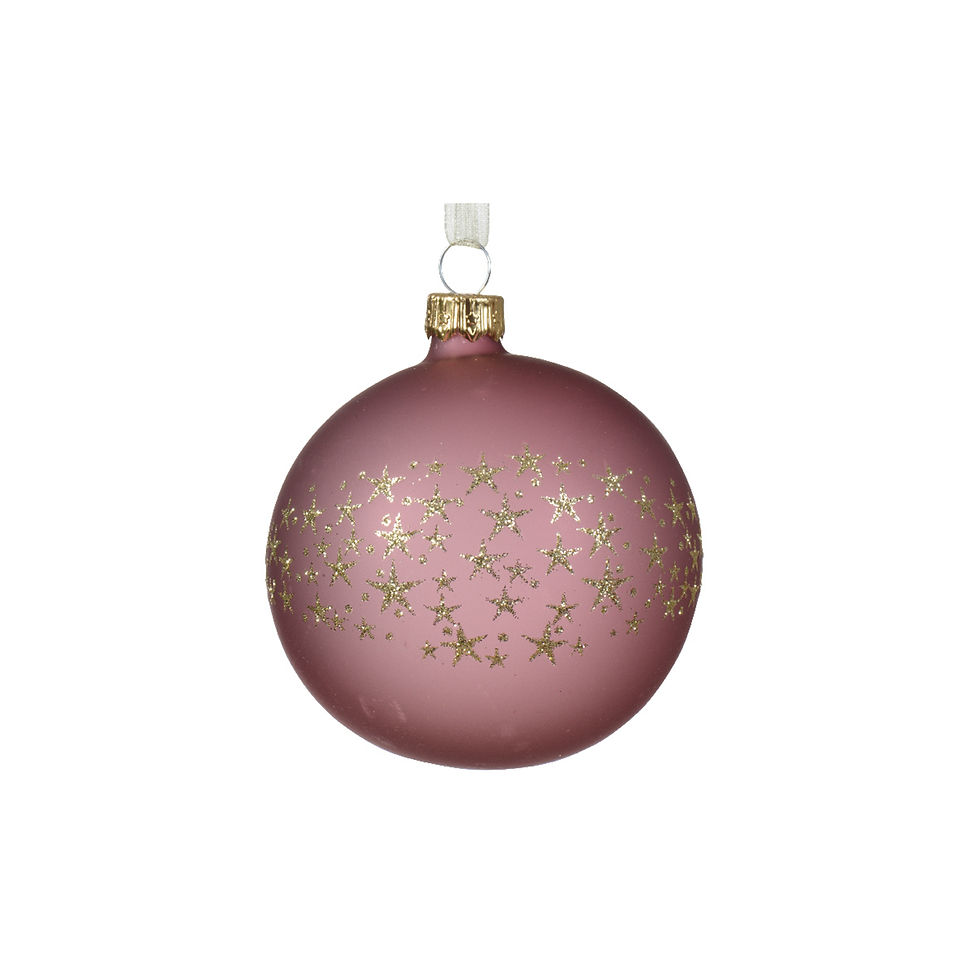 Miniature : BOULE EN VERRE VIEUX ROSE AVEC ÉTOILES OR - ∅8CM