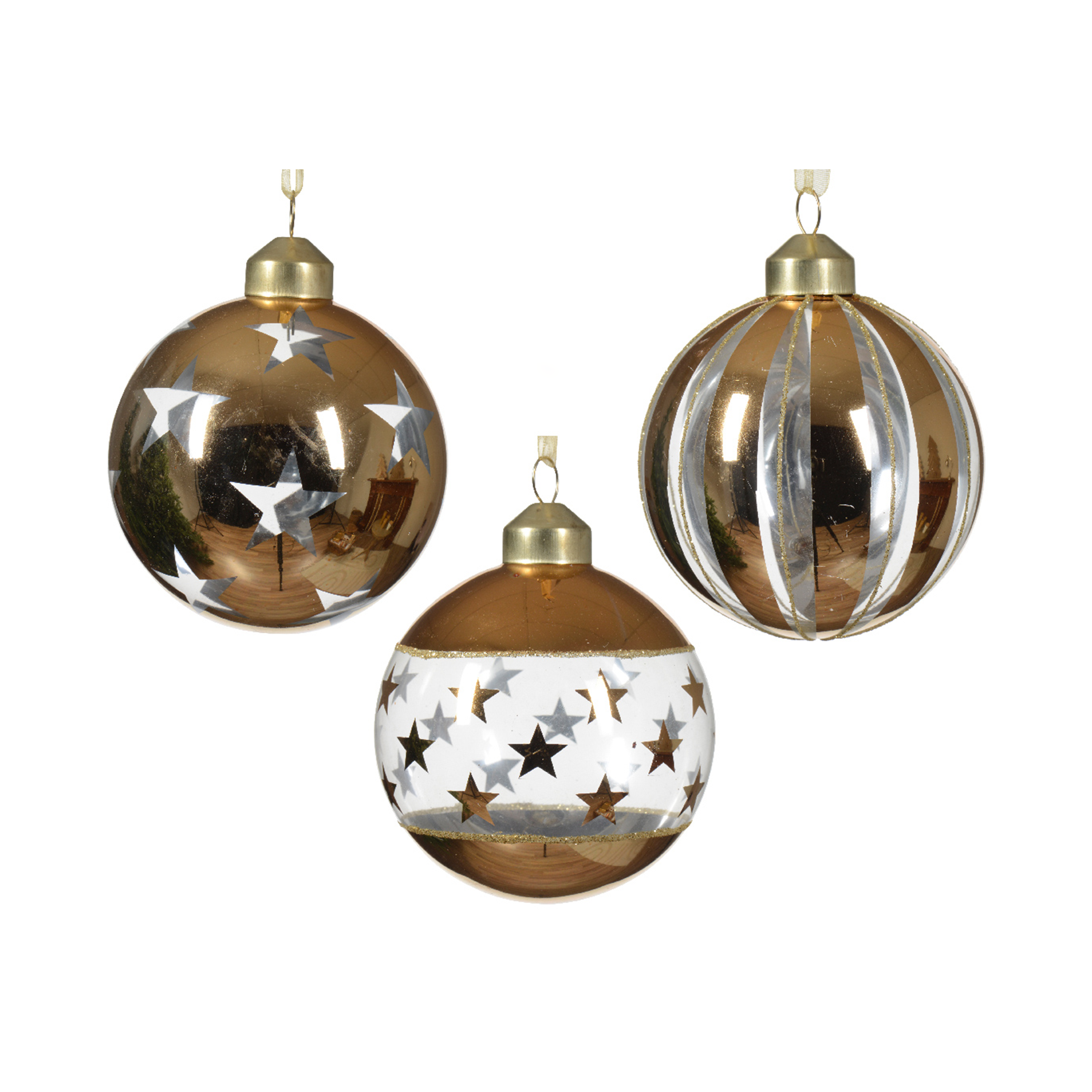 BOULE EN VERRE ÉTOILES PAILLETTES DORÉES- ∅8CM