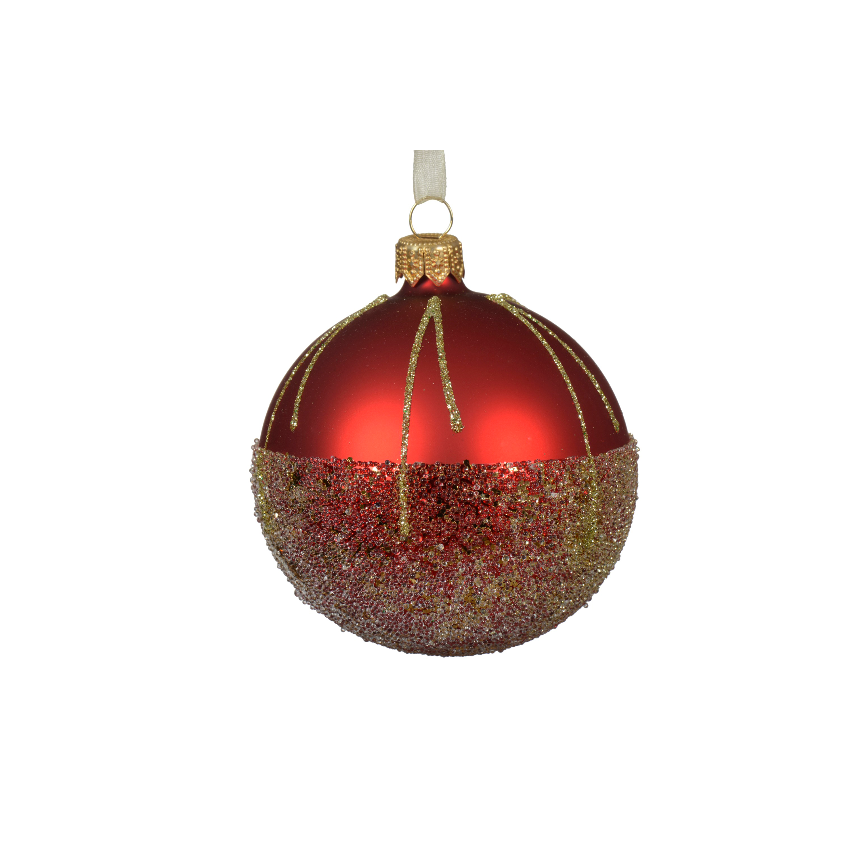 BOULE DE NOËL ROUGE MAT ET PERLES OR - ∅8CM