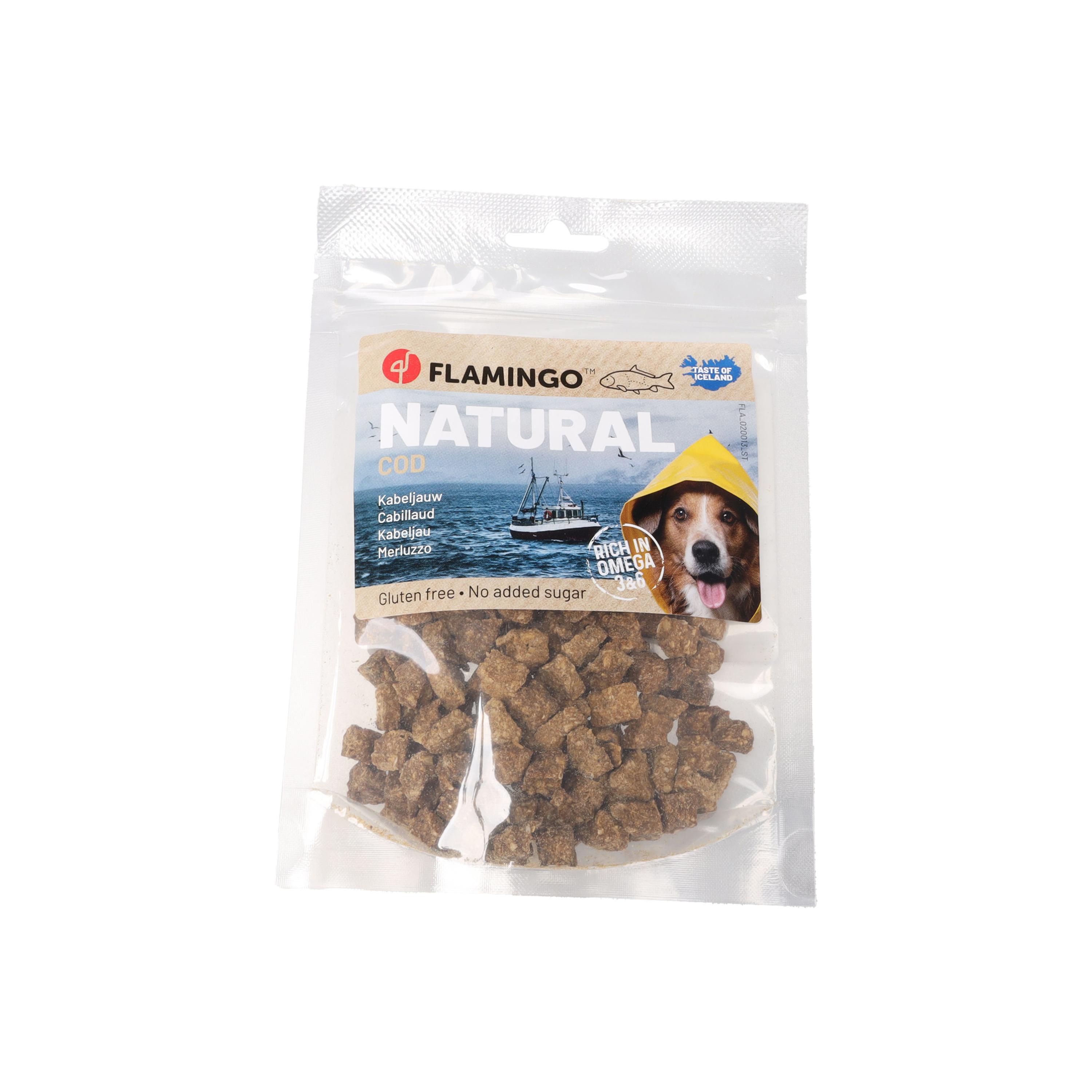 FRIANDISES NATURELLES POUR CHIEN FLAMINGO® - TRIANGLE AVEC CABILLAUD - 75G