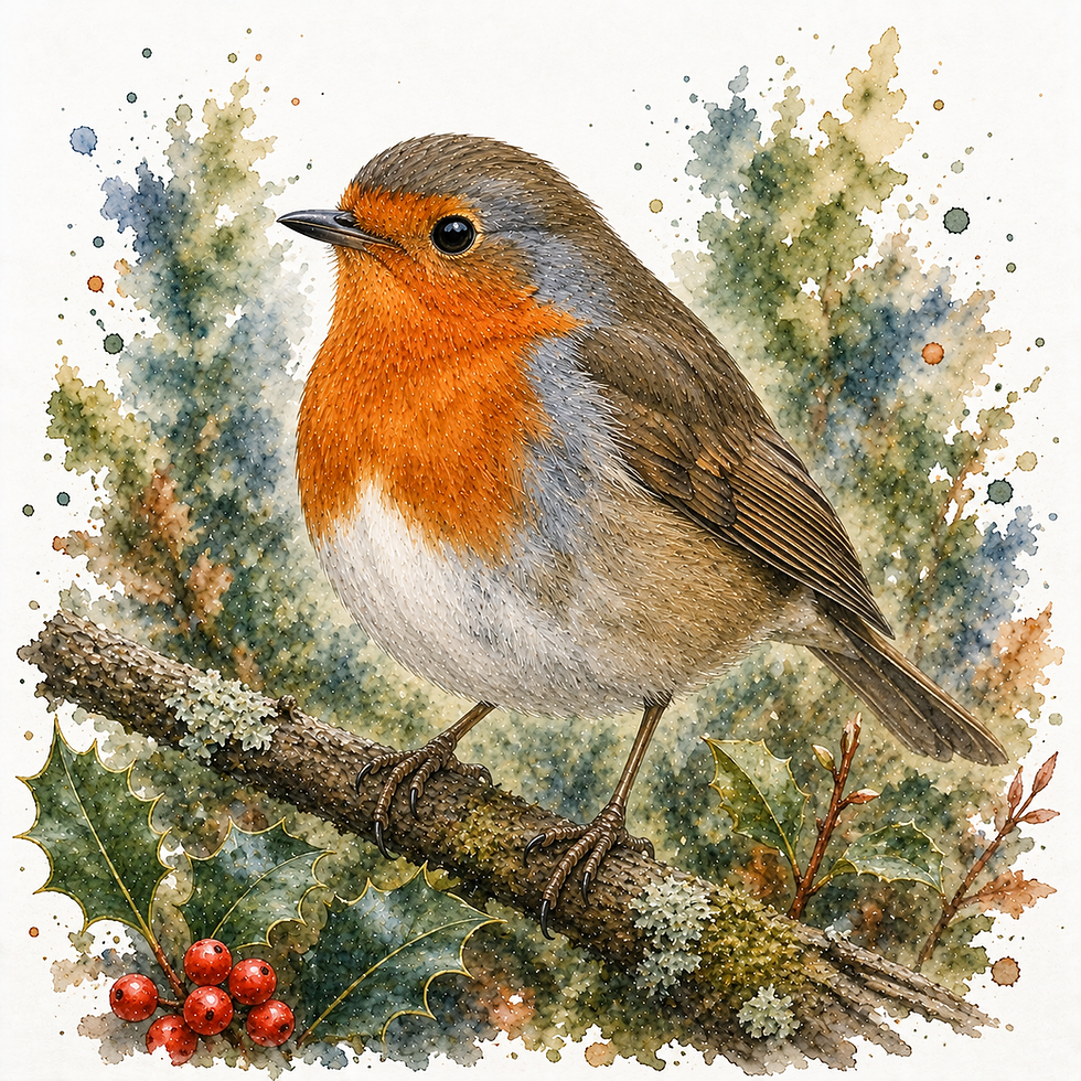 A serene robin perched on a branch, surrounded by holly and watercolor splashes, embodying a symbol of remembrance for lost loved ones.