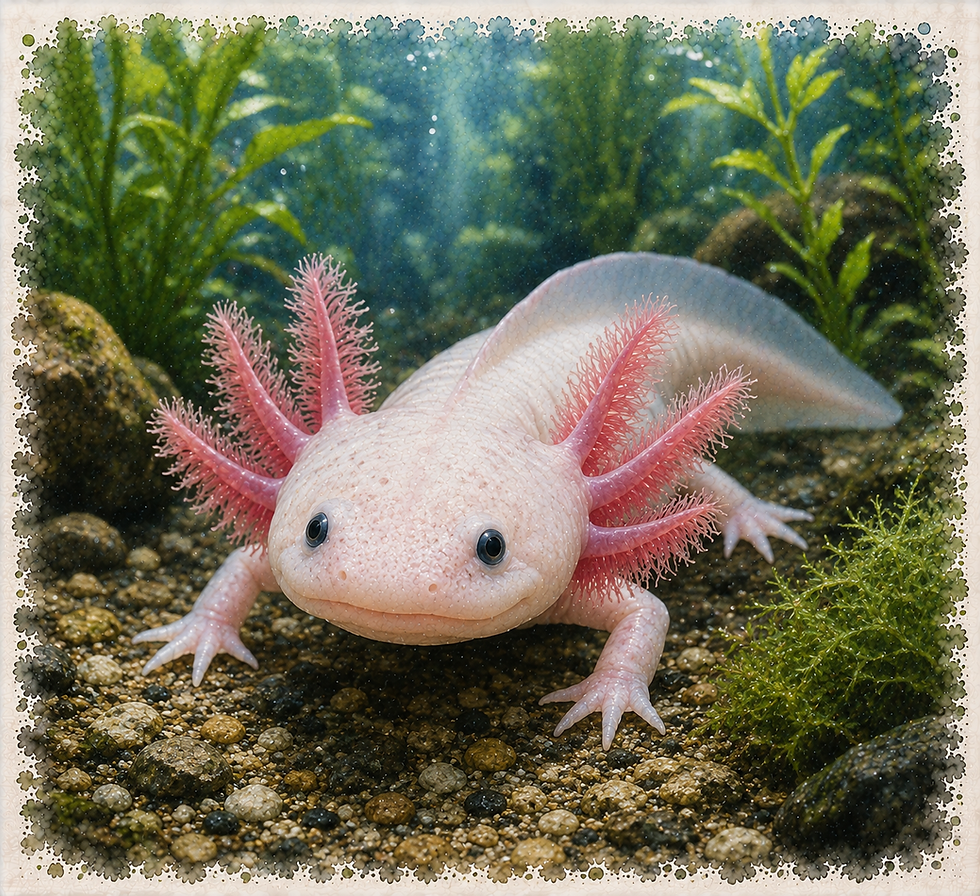 A serene axolotl with feathery gills gracefully rests on a pebbled floor in its aquatic habitat, surrounded by vibrant green plants.