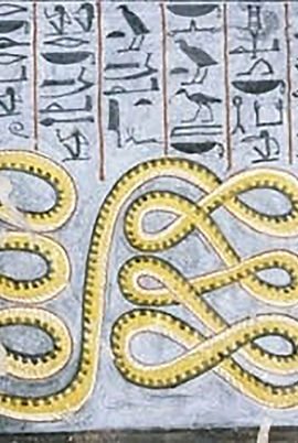 Reproduction of a scene from the ancient Egyptian Book of Gates showing the creation god Atum repelling the serpent of chaos, Apep (Apophis).