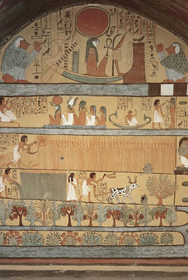 Reproduction of a vignette from a wall painting from the Tomb of Sennedjem (TT1) in Deir el-Medina dating to Dynasty 19.