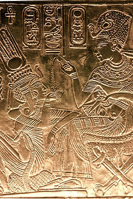 Reproduction based on a small panel found on a golden statue shrine known as a noas found in the treasury room of Tutankhamun’s tomb dating to around 1324 BC.