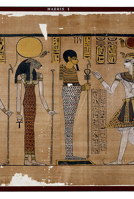 Reproduction of a vignette from the Great Harris Papyrus which recorded the deeds of king Ramesses III in c. 1150 BC (Dynasty 20).
