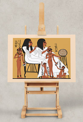 Reproduction of a Dynasty 20 painting showing grandchildren playing at the feet of their grandparents from the Tomb of Inherkhau (TT359).