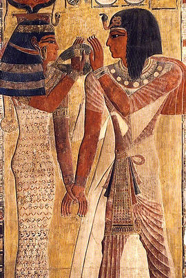Reproduction of a bas-relief from the tomb of Seti I, showing Hathor welcoming the dead pharaoh.