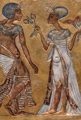 Reproduction of a relief usually referred to as a “walk in the garden” dating to Dynasty 18 showing an unknown pharaoh and queen now in the Neues Museum in Berlin.