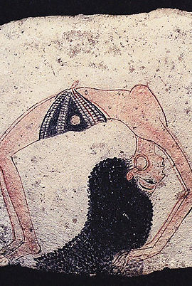 Reproduction of a dancing girl, taken from an ostracon fragment dating to c. 1200 BC, now in Museo Egizio in Turin.